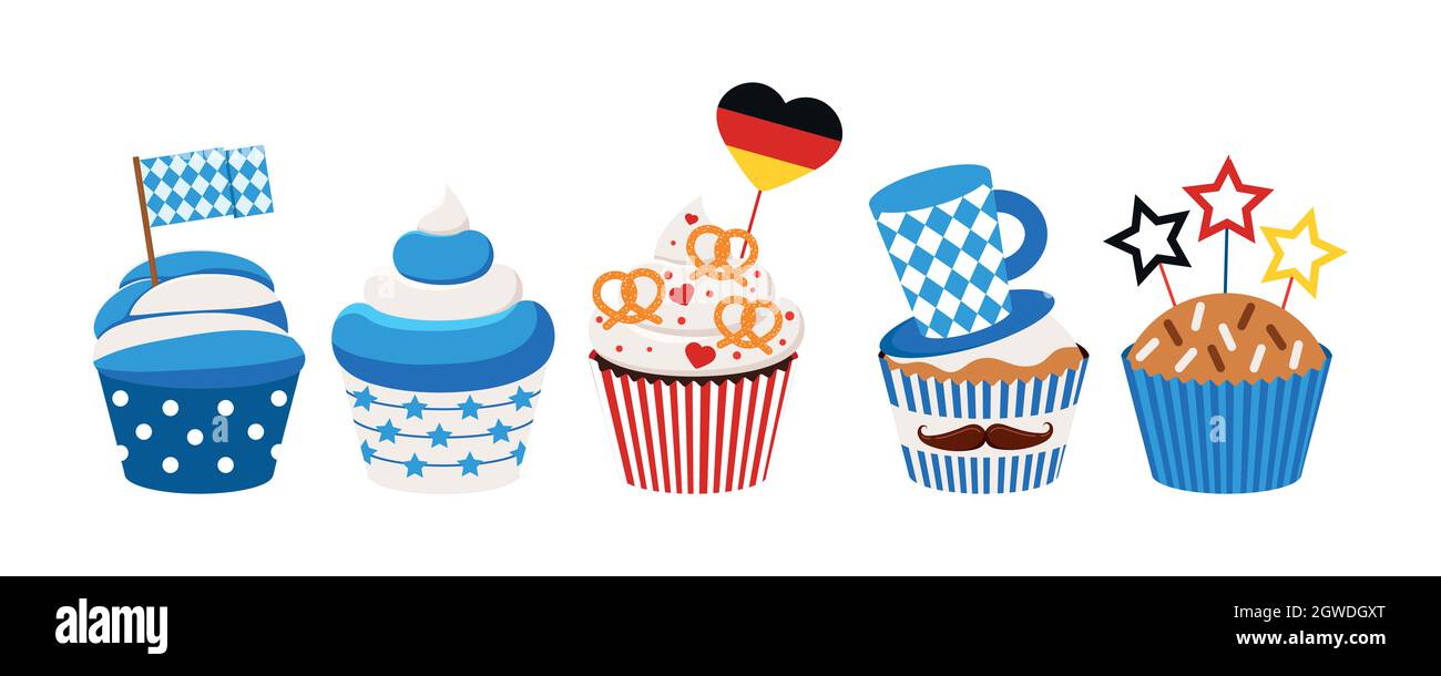 Oktoberfest cupcakes set isolated on white background Stock Vector