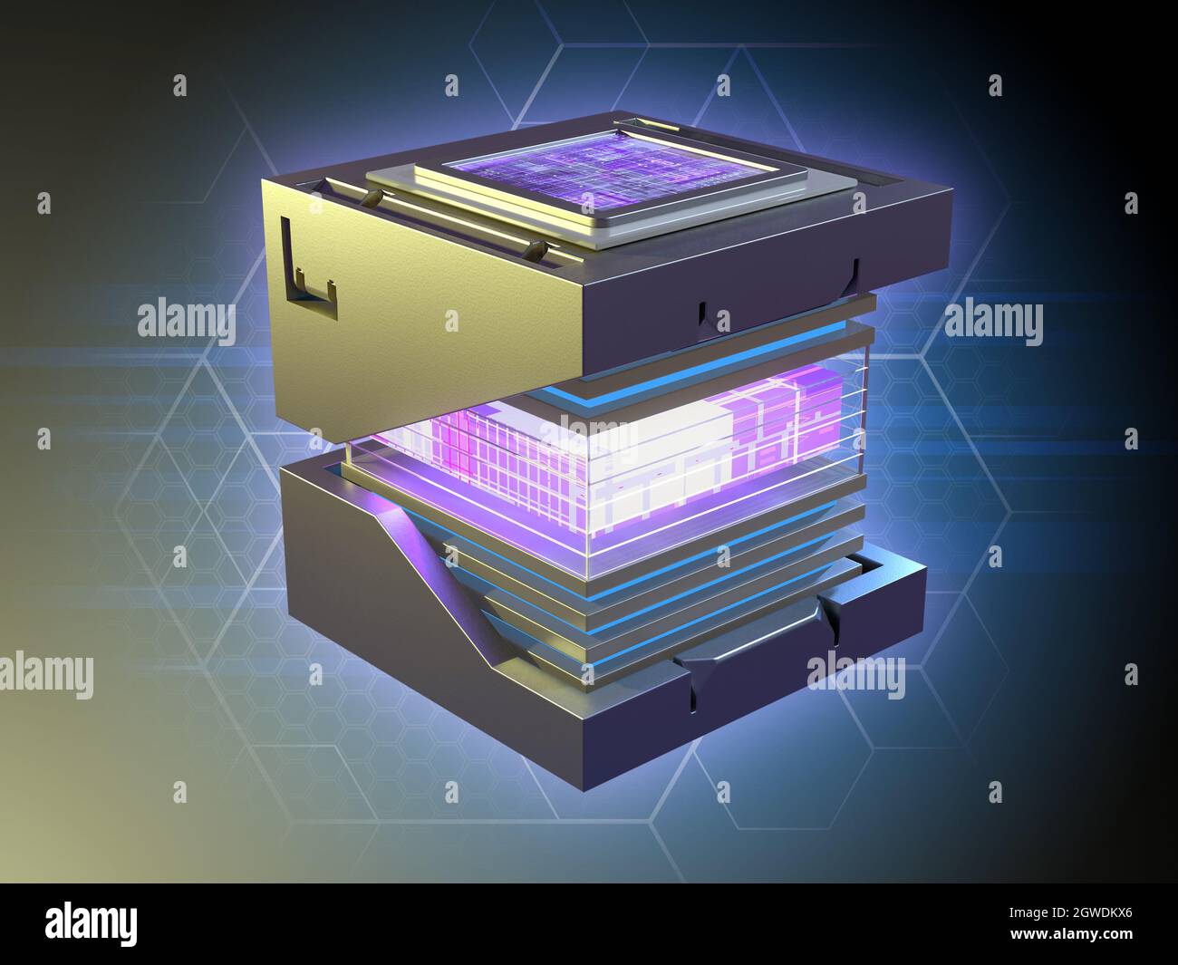 Cube structure encasing a powerful processing unit. Digital illustration. Stock Photo