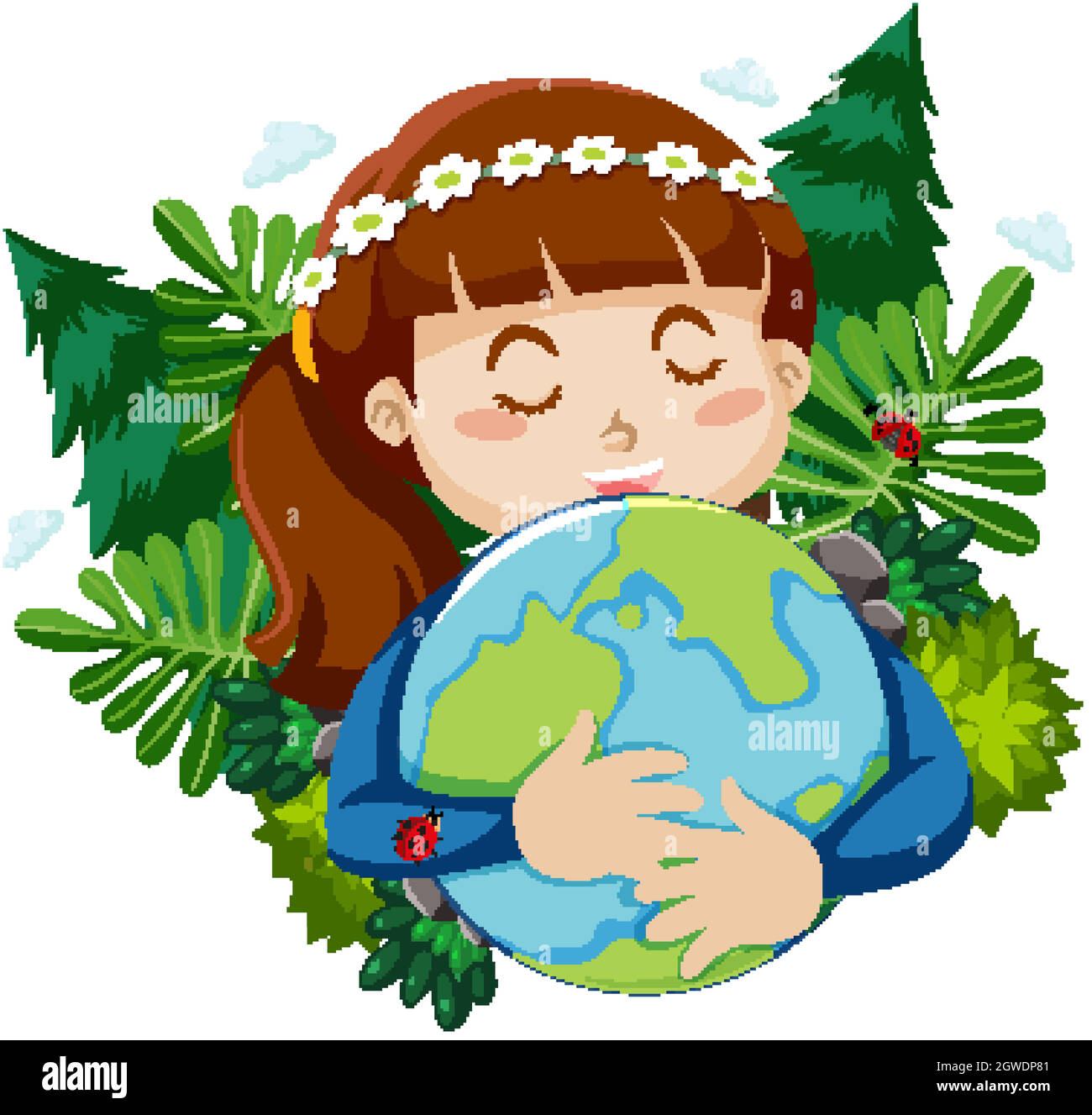 Happy girl hugging small world with leaves in background Stock Vector