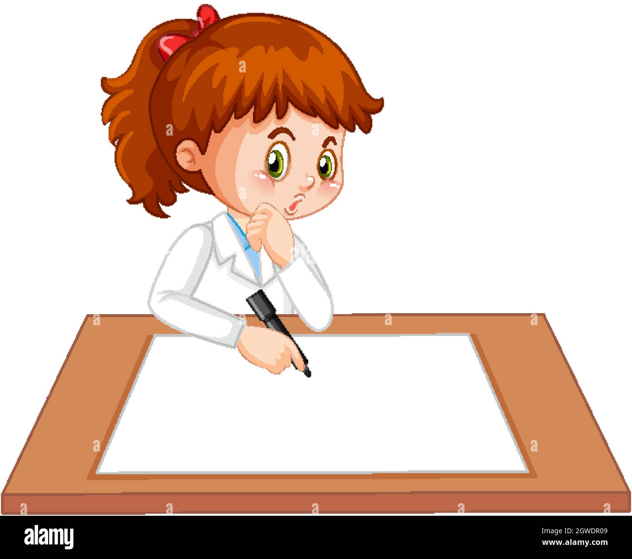 Cute girl wearing scientist uniform writing on blank paper stock vector