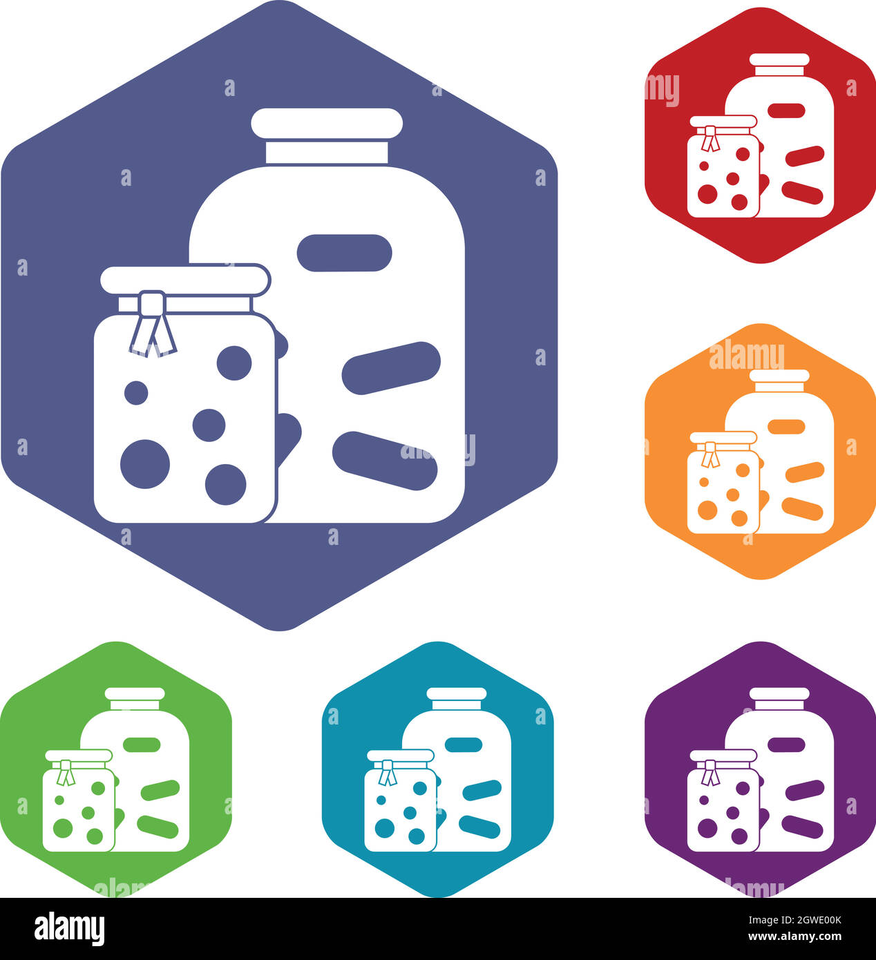 Jars with pickled vegetables and jam icons set Stock Vector