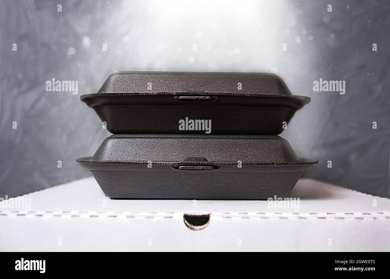 Food Delivery Containers And A Pizza Box Are Stacked. Food Delivery