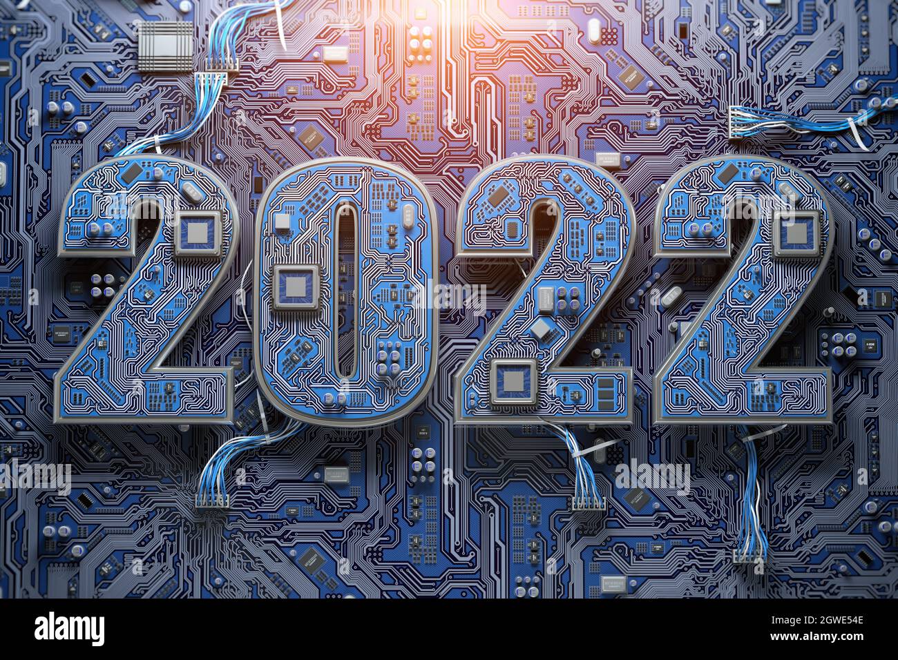 2022 on circuit board or motherboard with cpu. Computer technology and internet commucations digital concept background. Happy new 2022 year. 3d illus Stock Photo
