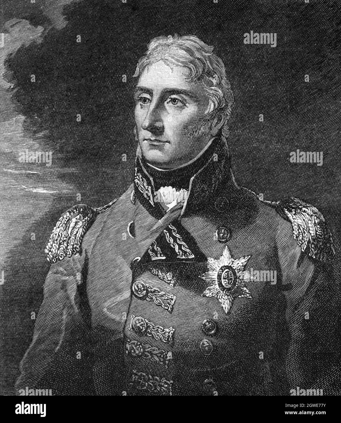 B&W Illustration; Portrait of Lieutenant-General Sir John Moore, British Army Commander at the battle of Corunna 1809 Stock Photo