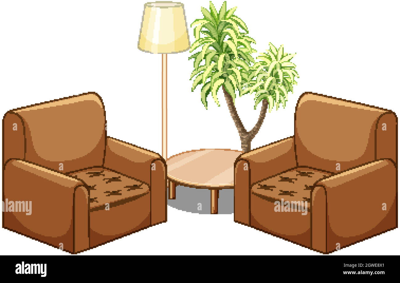Brown sofa furniture with lamp and tree isolated on white background Stock Vector