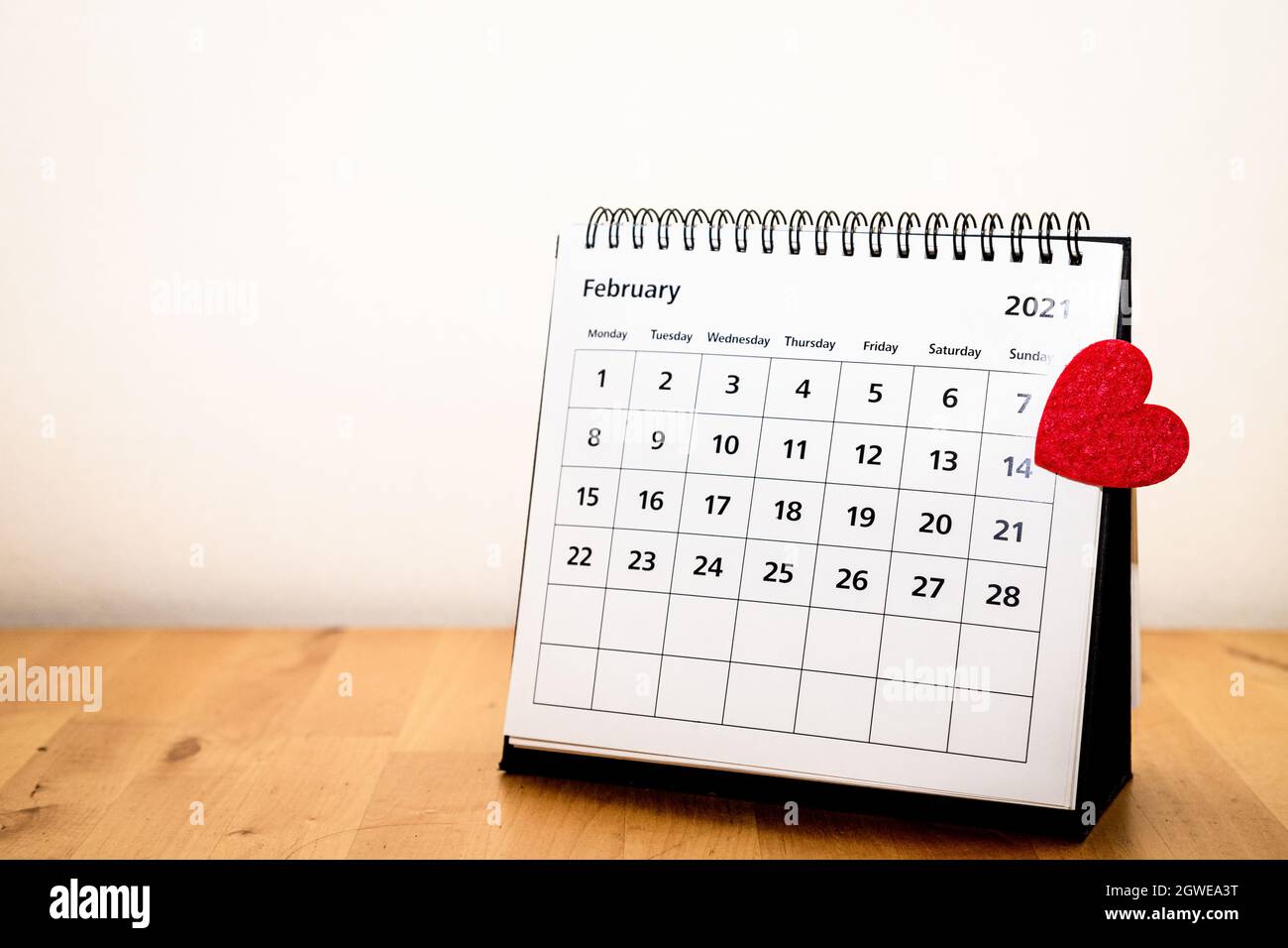 February 2021 Calendar Month Page With St. Valentine's Day 14th Checked By Red Heart Stock Photo
