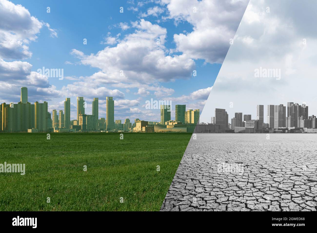 Collage of City with green field and blue sky and City with desert and grey sky. Decarbonization and carbon neutrality concept  Stock Photo
