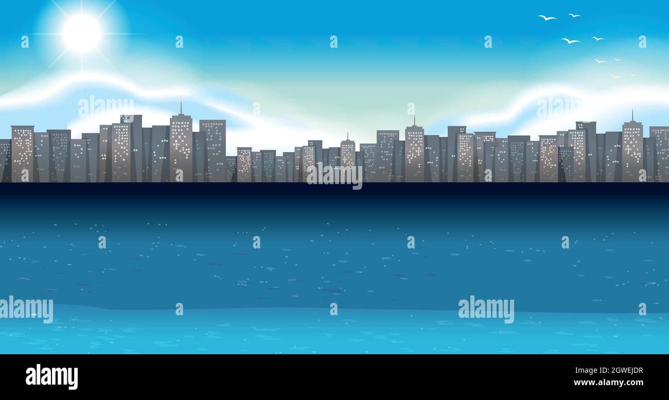 Ocean scene with buildings in background Stock Vector