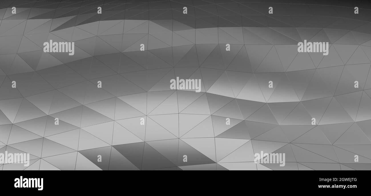 Polygonal low-poly background with triangles and shiny metallic mesh textured surface in grey monochrome color Stock Photo