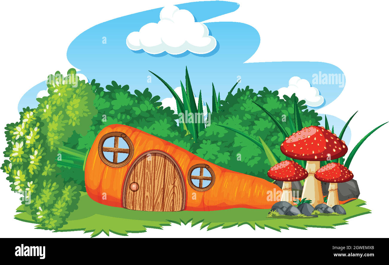 Carrot house with mushroom cartoon style on sky background Stock Vector
