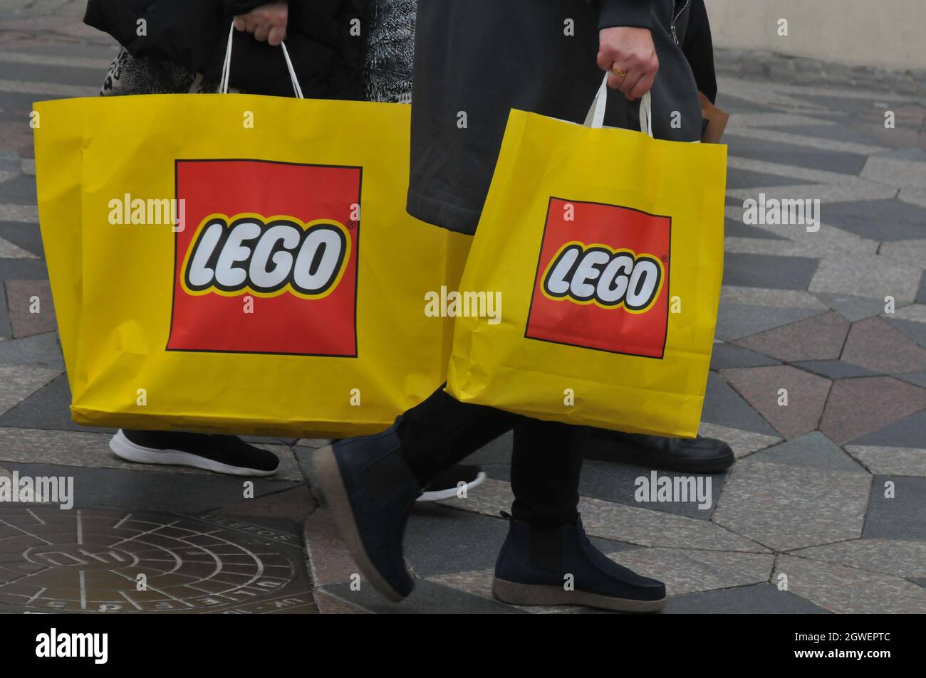 Copenhagen, Denmark.,03 October 2021, /Lego bricks toy shoppers with lego  shopping bags on stroeget financial street of capital. (Photo..Francis J  Stock Photo - Alamy