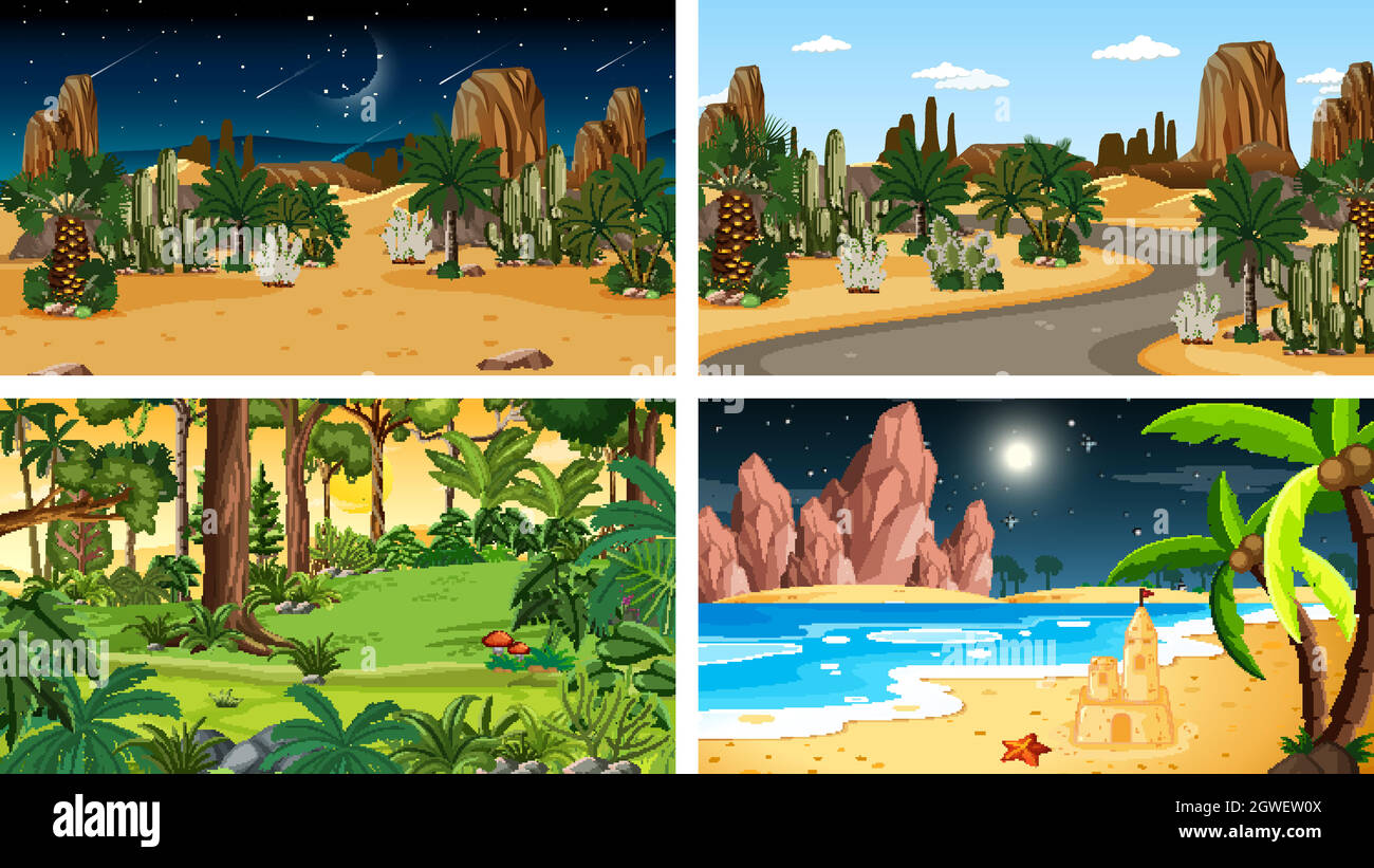 Four different nature horizontal scenes Stock Vector