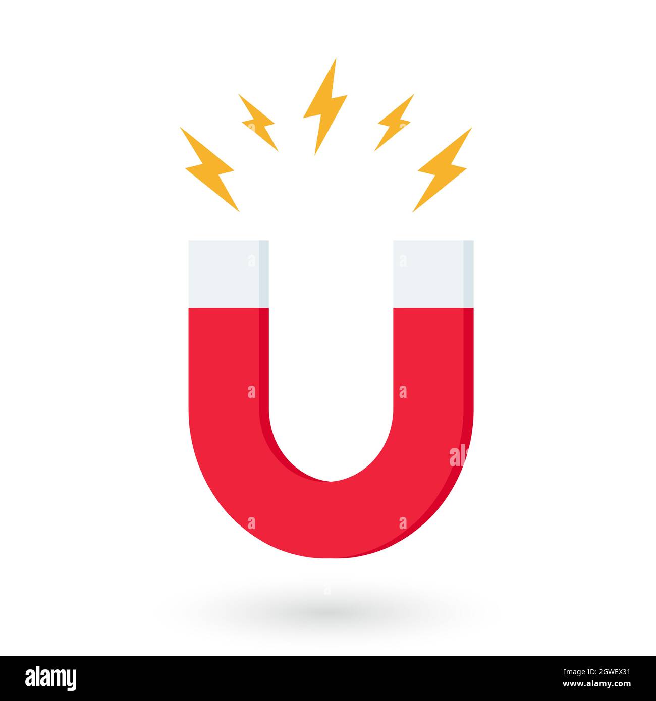 Red horseshoe magnet with magnetic power sign on white background. u-shaped magnet icon. Magnetism, magnetize, attraction concept. Vector illustration Stock Vector