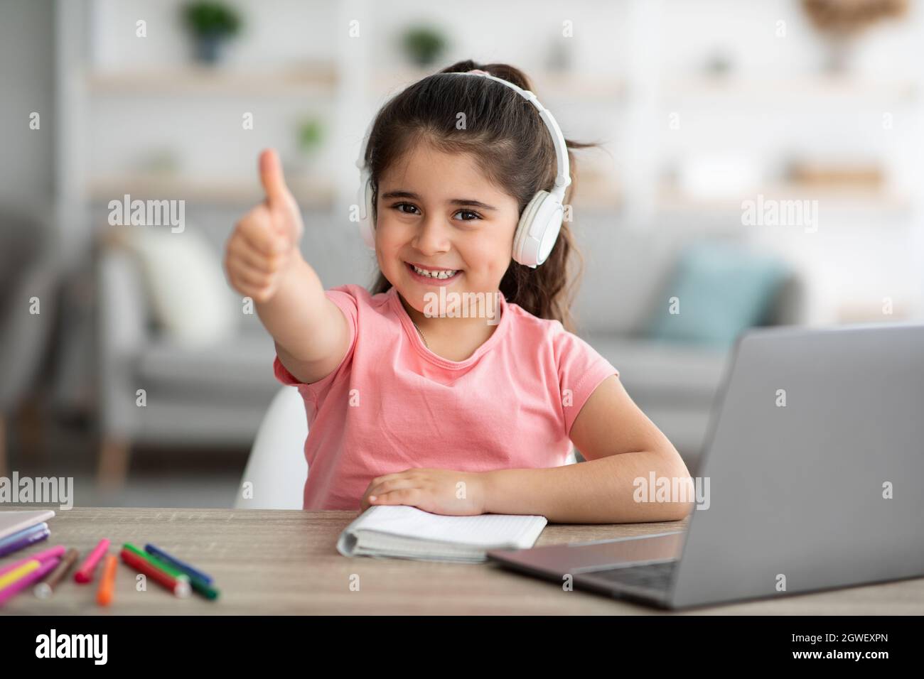 Online Education. Cute Little Girl Study With Laptop At Home And ...