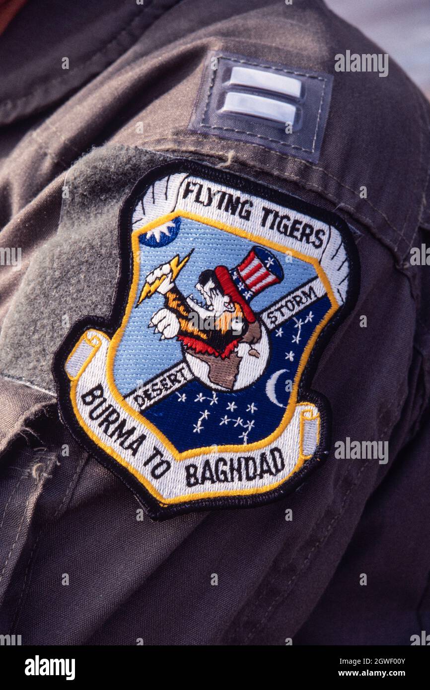 The squadron insignia shoulder patch of the U.S. Air Force 74th Fighter Squadron, the Flying Tigers. Stock Photo