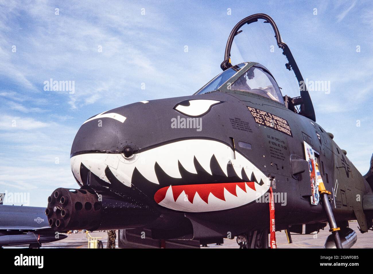 Front view of a Fairchild Republic A-10 Thunderbolt II at Holloman AFB, showing the 30mm GAU rotary cannon in the nose. Stock Photo