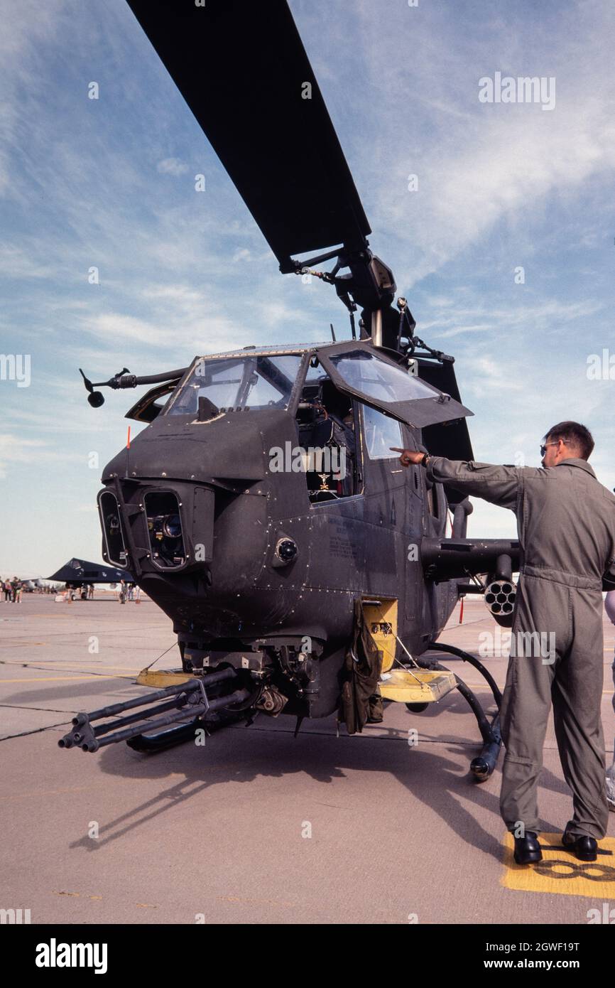 A Bell AH-1 Cobra attack helicopter with its XM197 20mm cannon under the nose. Stock Photo