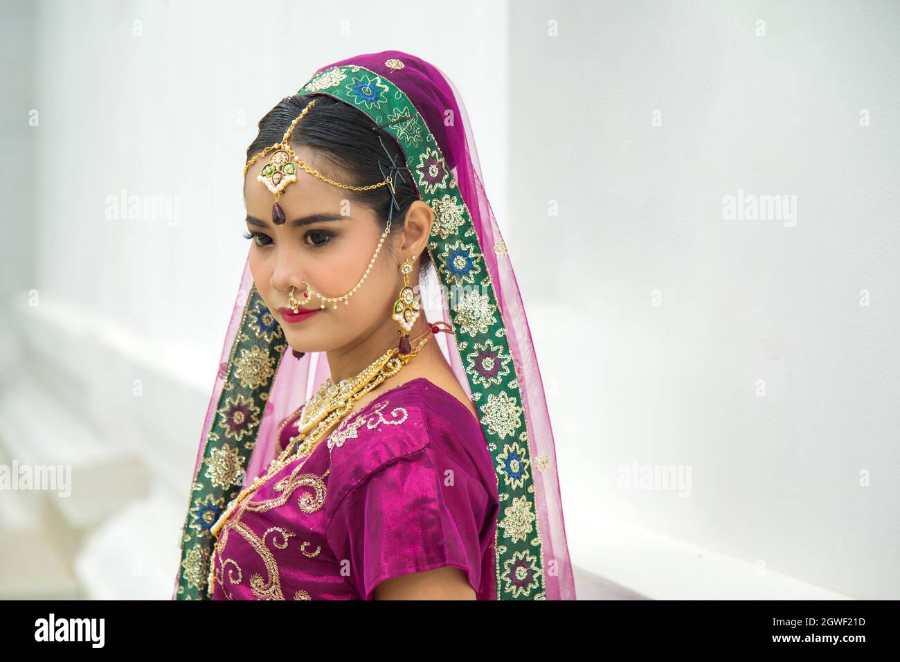 Portrait Charming Asian Woman Wearing A Traditional Saree With A Wall  Background Stock Photo - Alamy