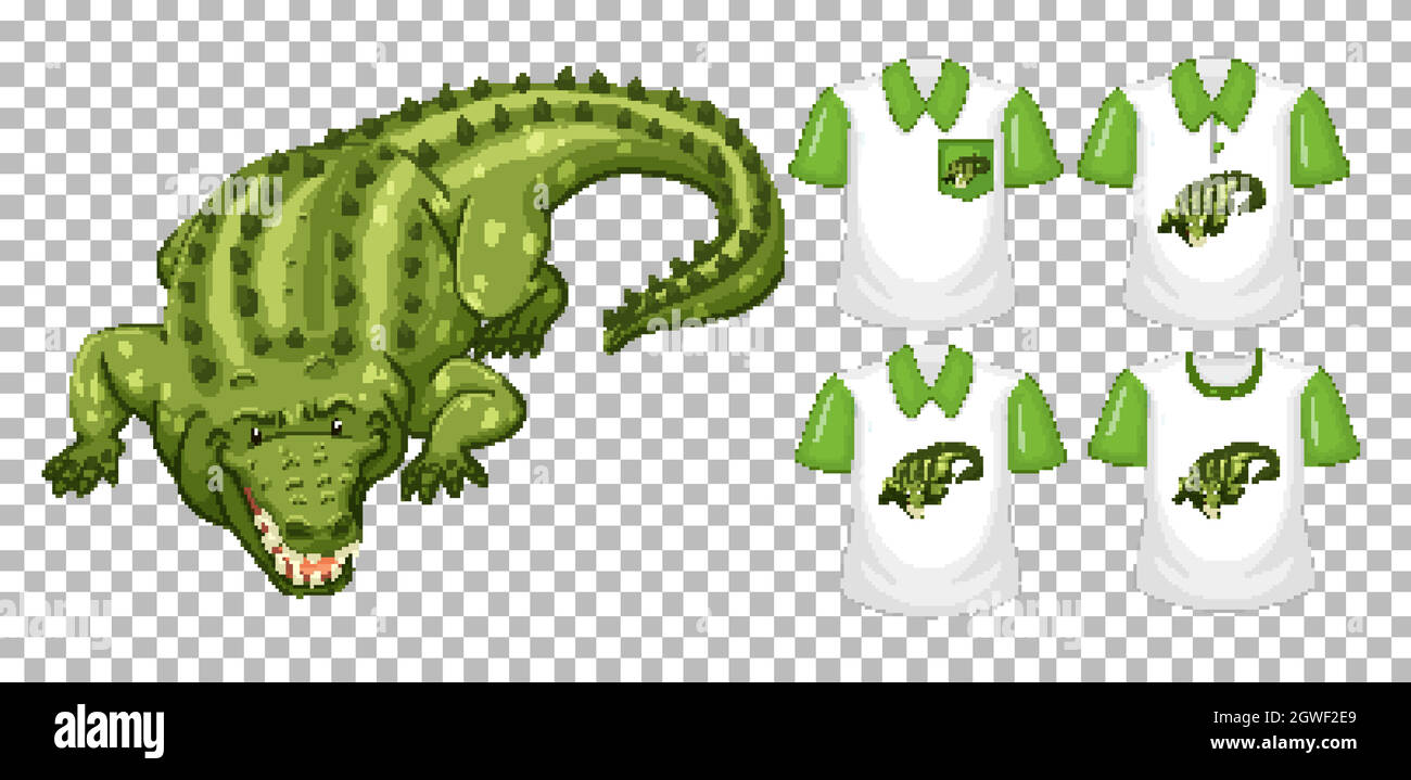 Set of different shirts with crocodile cartoon character isolated on transparent background Stock Vector