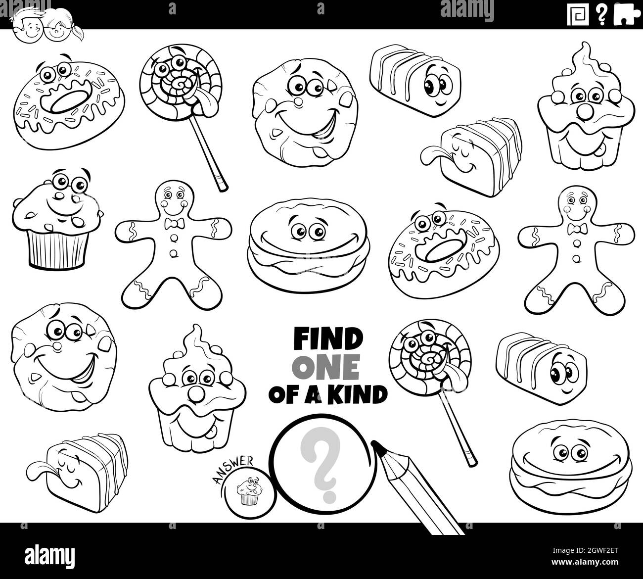 one of a kind game with cartoon sweets coloring book page Stock Vector
