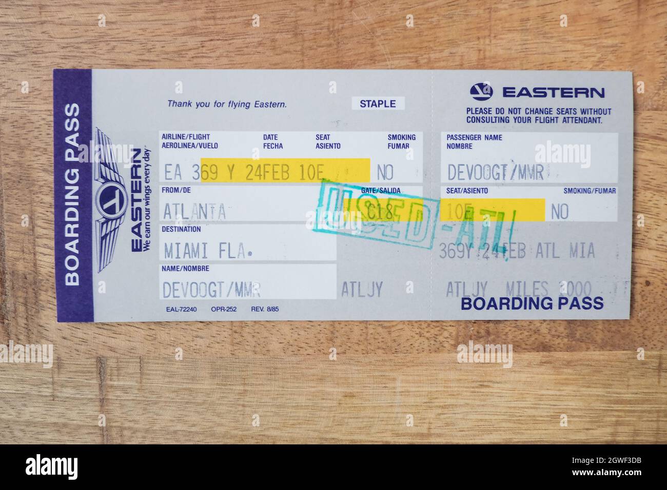 eastern boarding pass 1986 miami Stock Photo