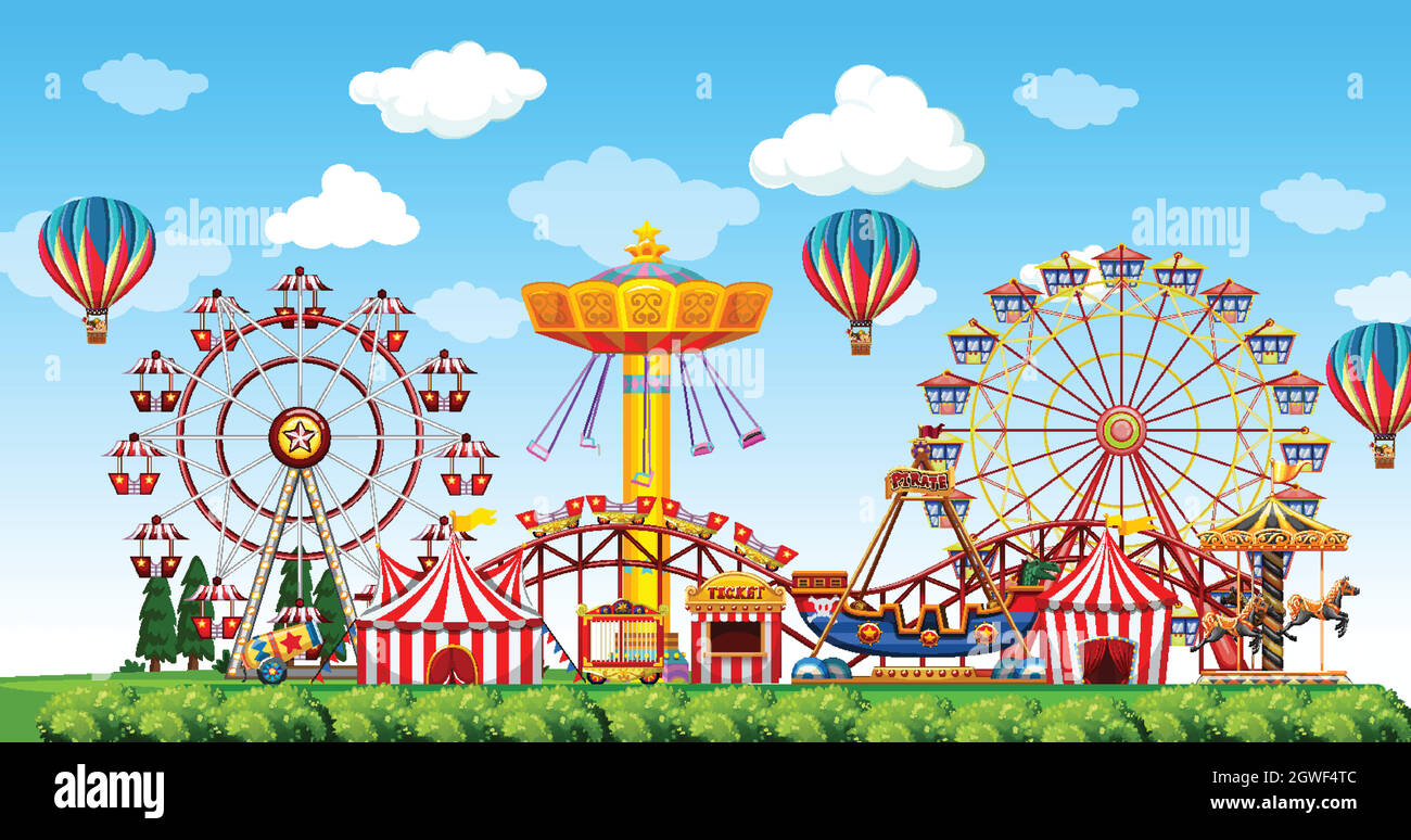 Amusement park scene at daytime with balloons in the sky Stock Vector ...