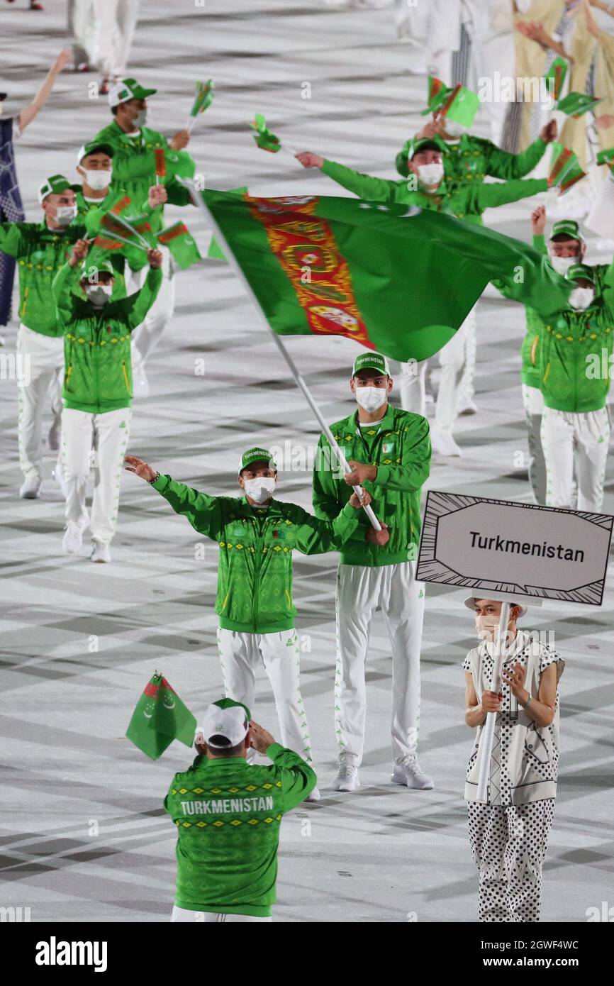 JULY 23rd, 2021 - TOKYO, JAPAN: Turkmenistan's flag bearers Gulbadam Babamuratova and Merdan Ataýew enter the Olympic Stadium with their delegation du Stock Photo
