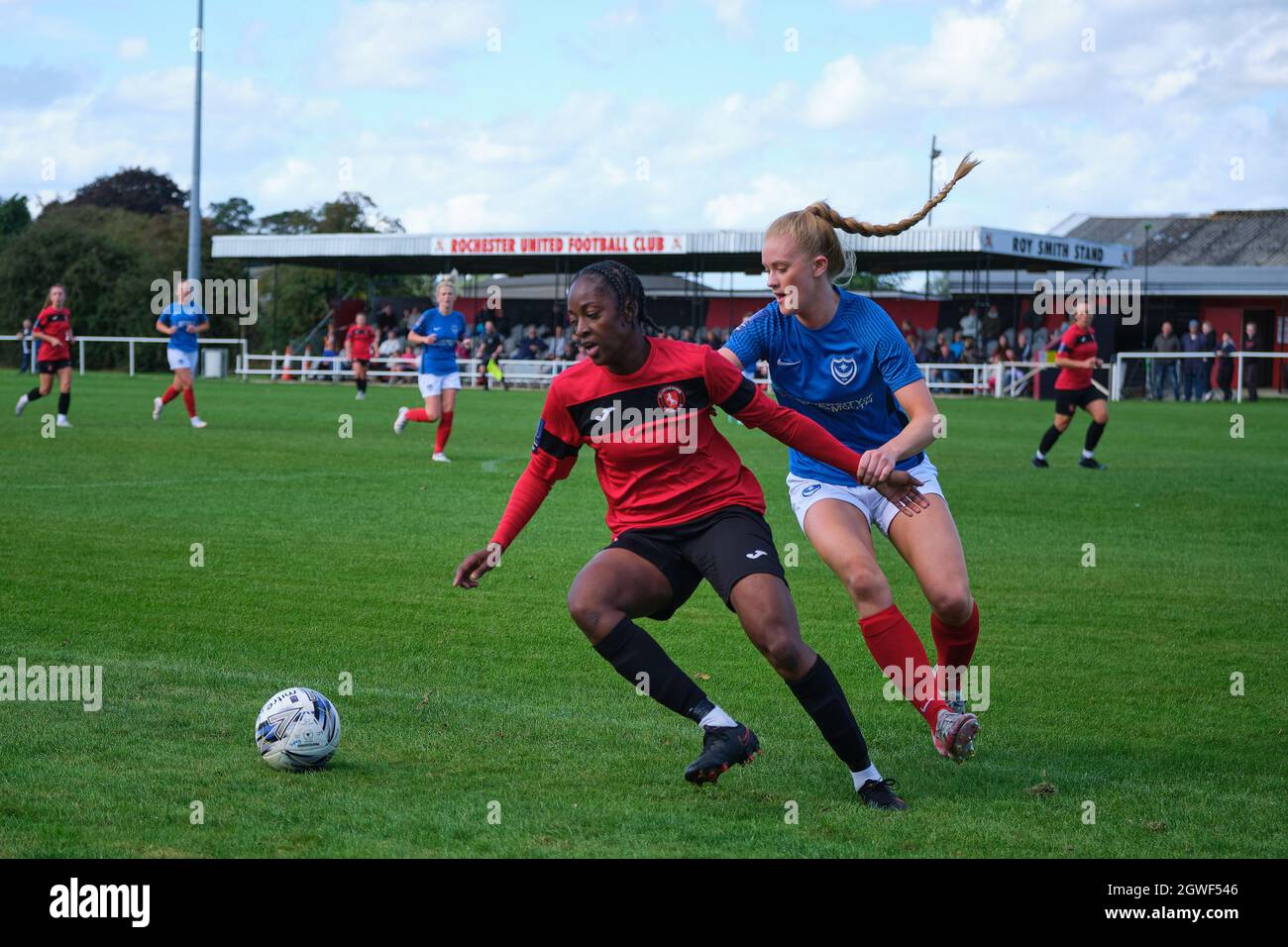 Strood, UK. 03rd Oct, 2021. Kara Fordjour (11 Gillingham) holding off the oppostion player during the FA Womens National League Southern Premier game between Gillingham and Portsmouth at Rochester United Sports Ground in Strood, England. Credit: SPP Sport Press Photo. /Alamy Live News Stock Photo