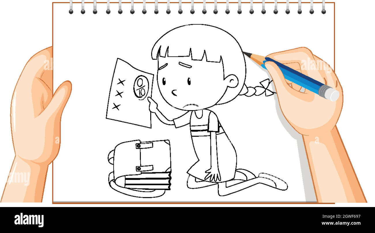 Hand writing of girl have bad exam mark outline Stock Vector