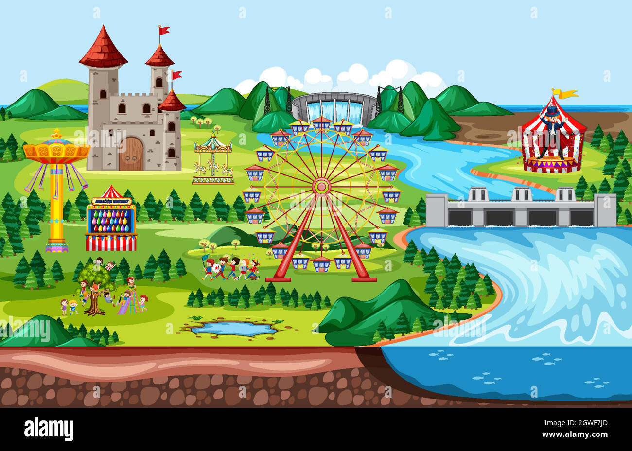 Amusement park with castle and many rides landscape scene Stock Vector ...