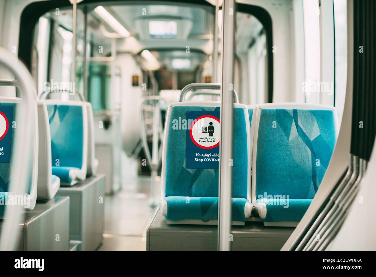 Dubai, Uae, November 2020 Bus With Seat Restriction Signs Due To The Covid-19 Coronavirus Pandemic. Stock Photo