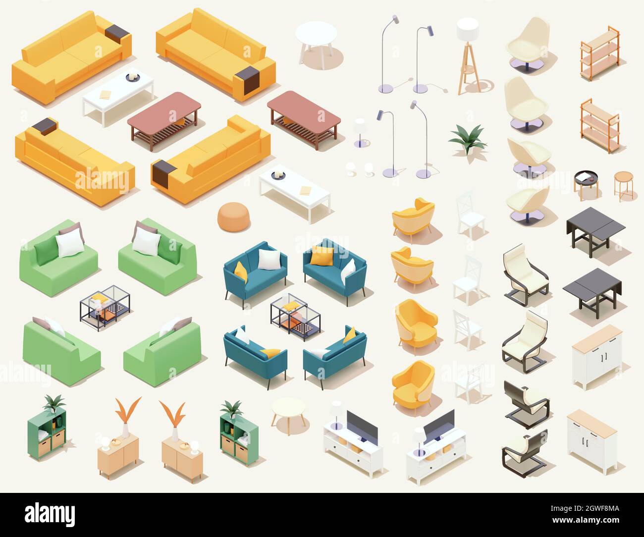 Vector isometric home furniture set. Domestic and office furniture ...