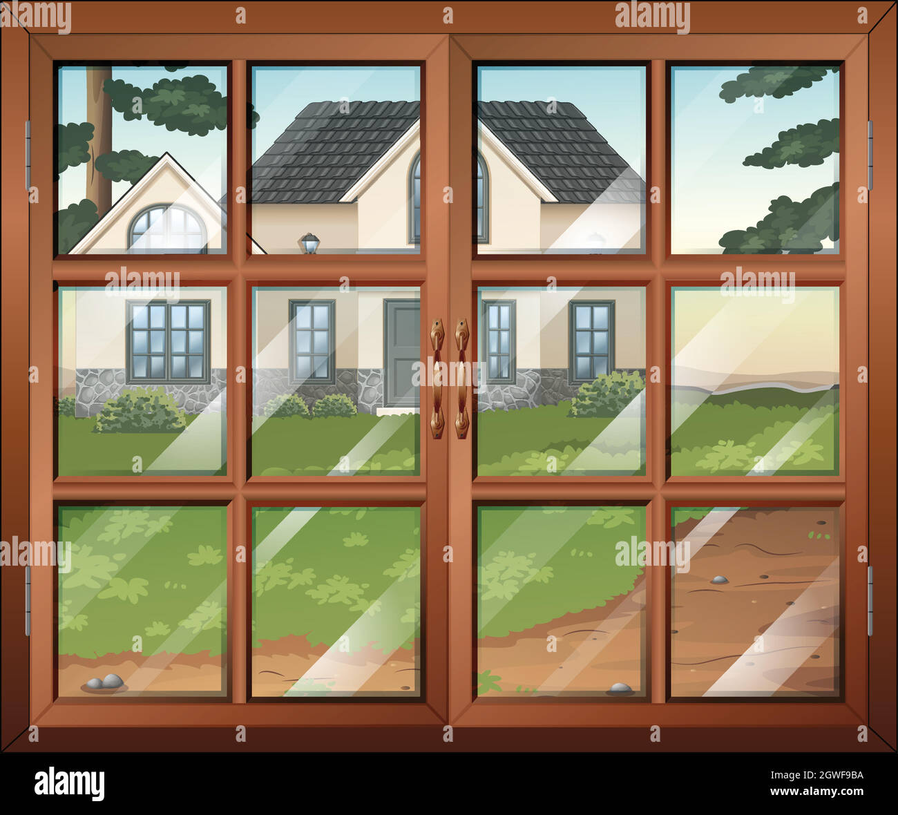 A closed window with a view of the house outside Stock Vector