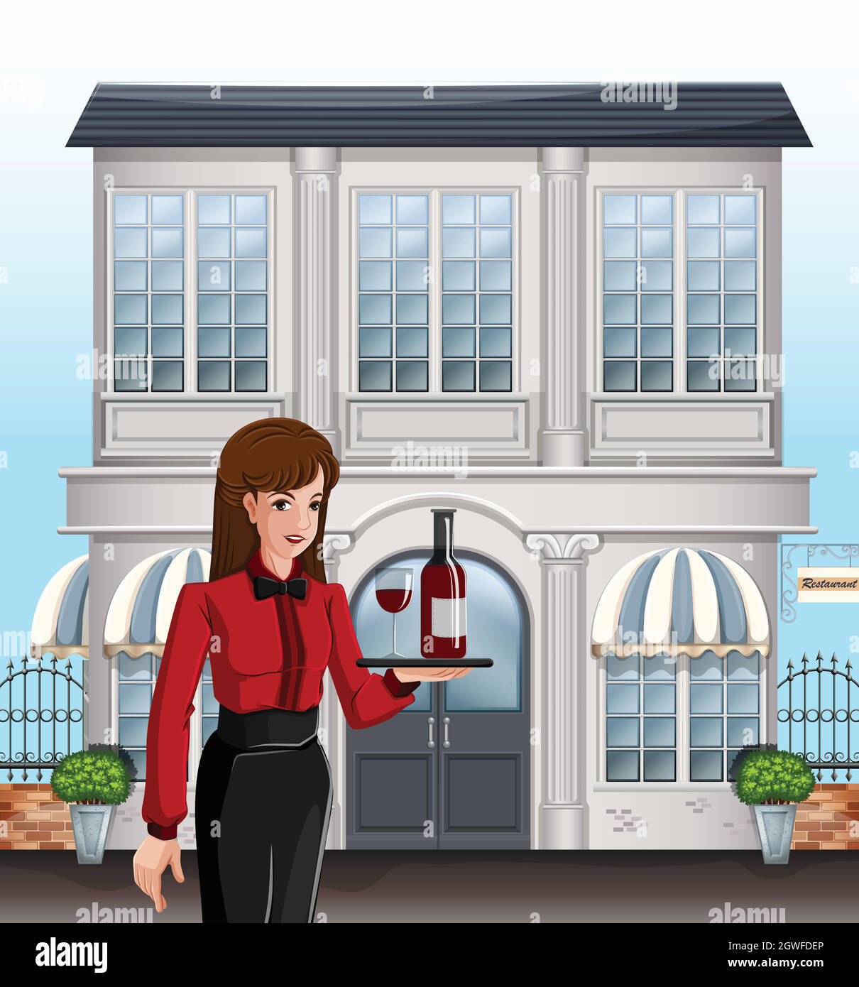A female server in front of a building Stock Vector