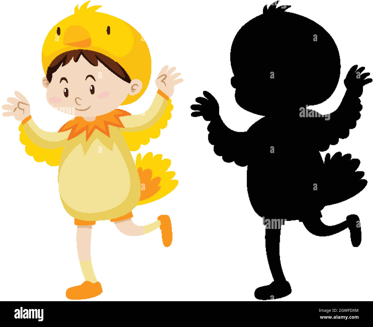Kid wearing chicken costume with its silhouette Stock Vector