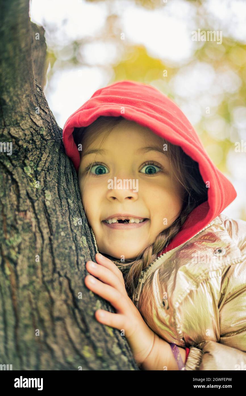 A girl in a gold jacket and red hood sits on a tree and smiles a toothless smile Stock Photo