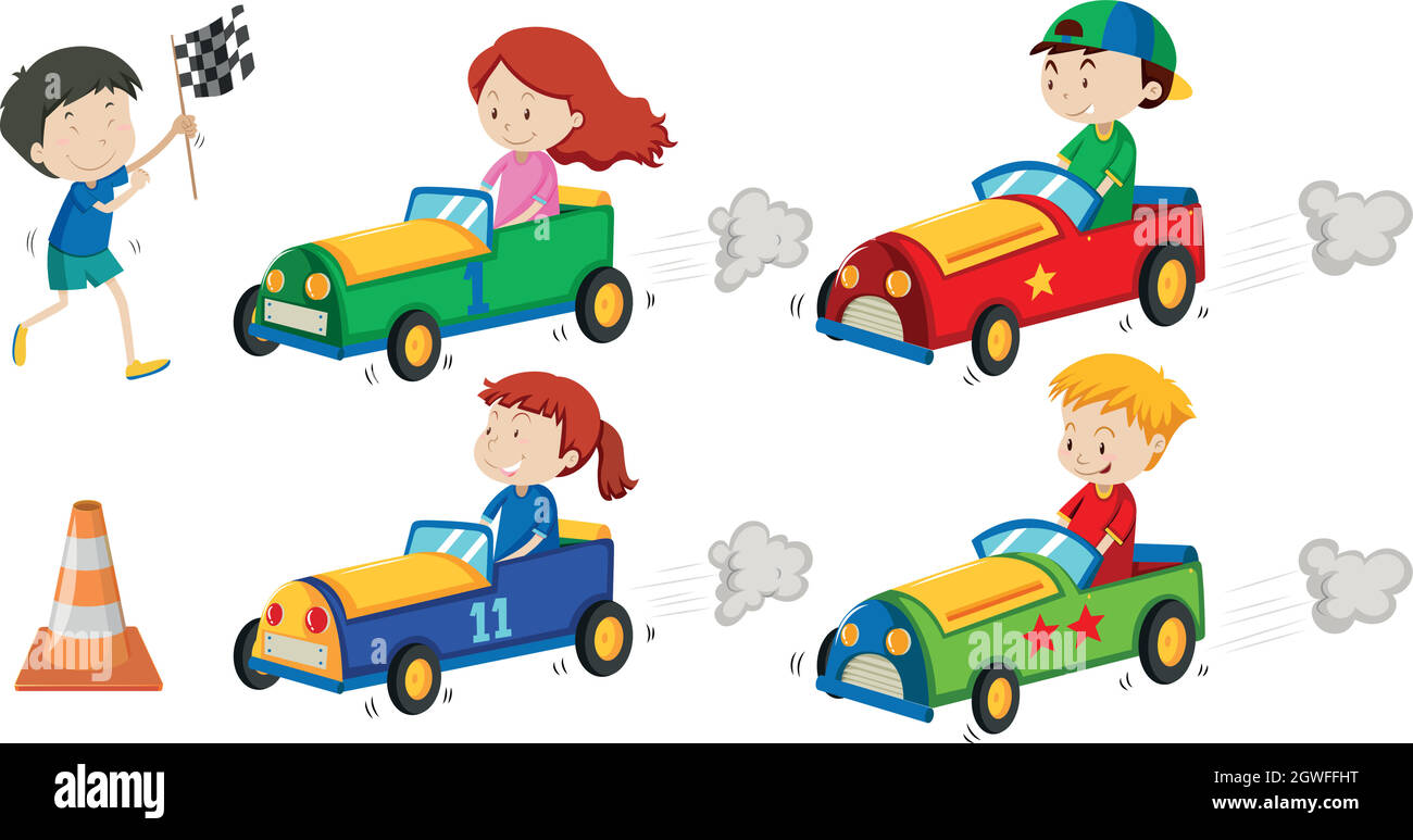 Boys and girls in racing cars Stock Vector
