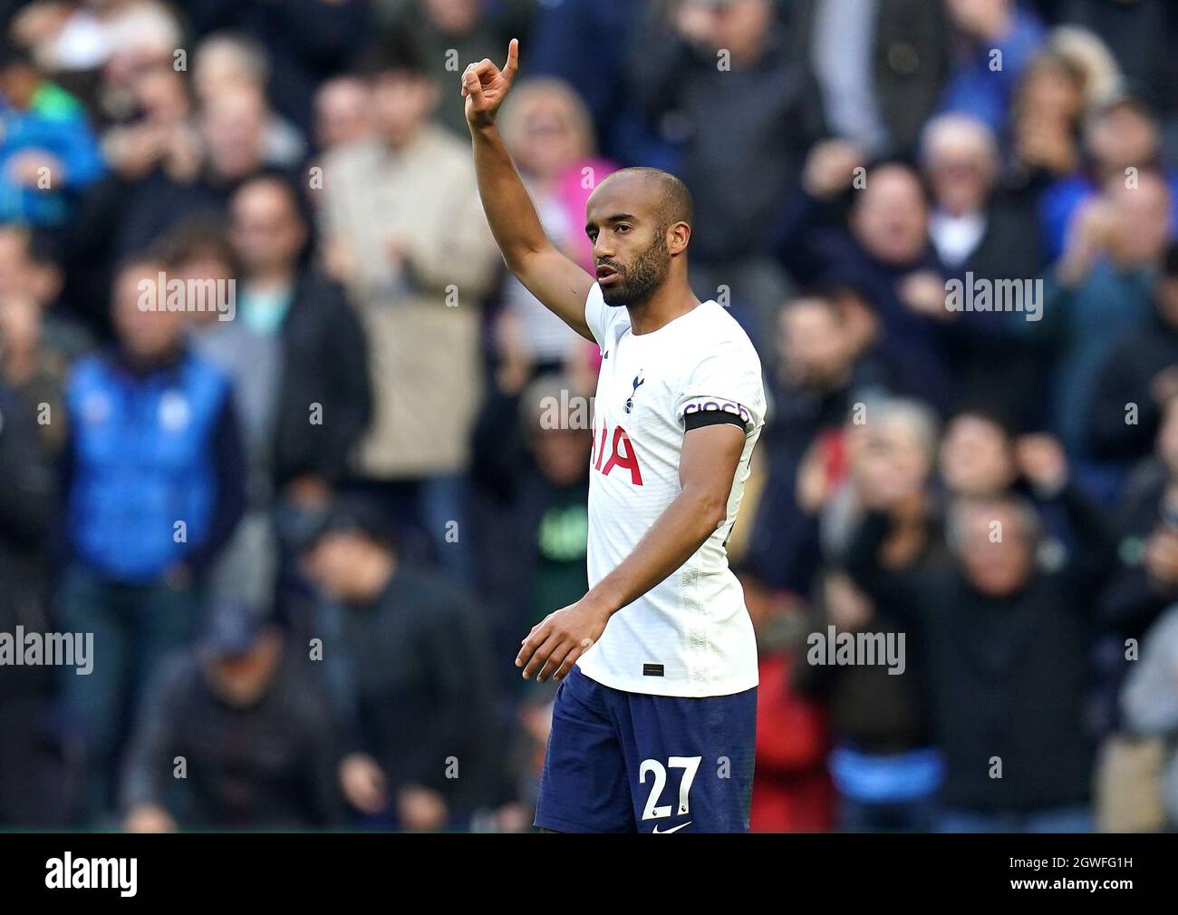 Tottenham Hotspur's Lucas Moura celebrates scoring their side's second goal of the game during the Premier League match at the Tottenham Hotspur Stadium, London. Picture date: Sunday October 3, 2021. Stock Photo