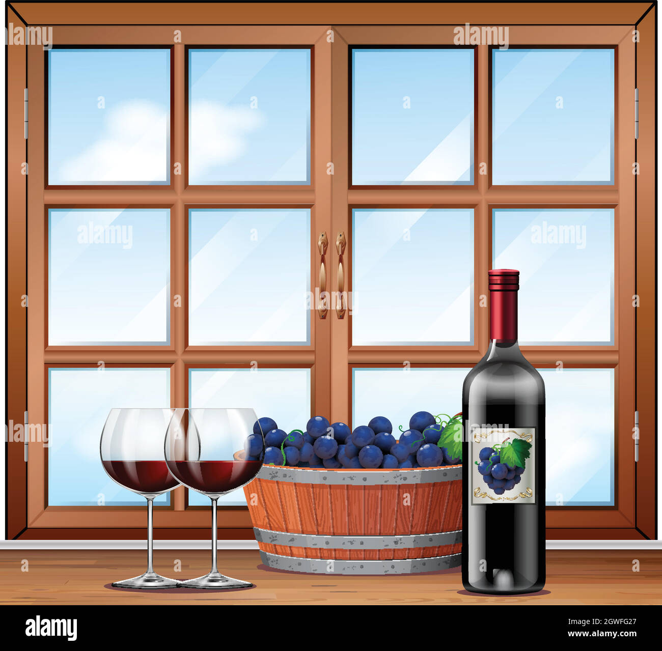 Red Wine in glasses with a barrell of grapes background Stock Vector