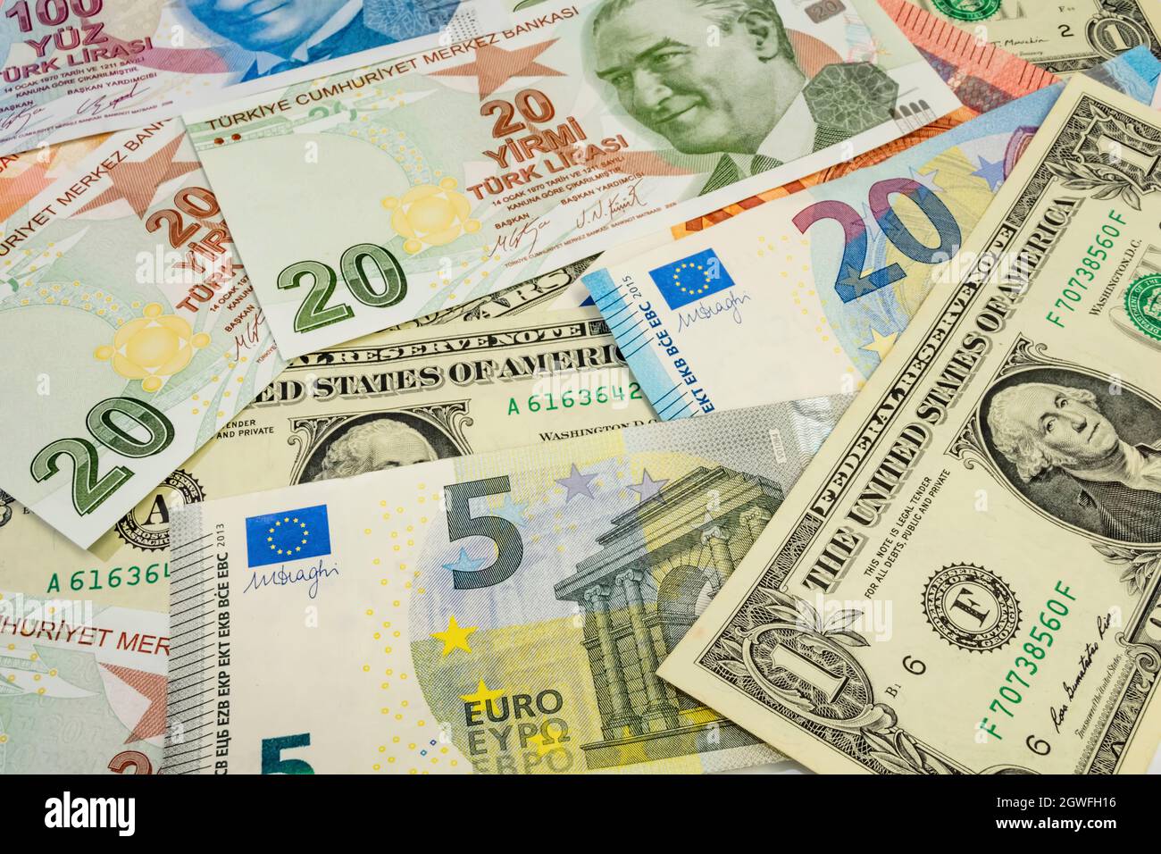 Close Up Turkish Lira, American Dollar And Euro Banknotes Stock Photo -  Alamy