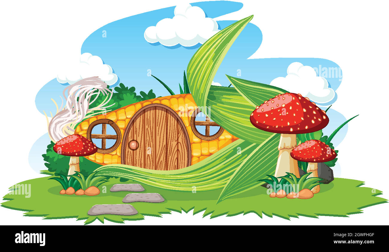 Corn house with mushroom cartoon style on sky background Stock Vector