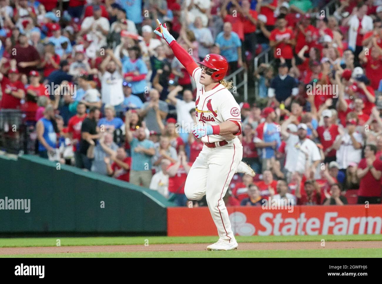 St. Louis Cardinals Harrison Bader raises his arm after hitting a solo home run against the Chicago Cubs in the first inning at Busch Stadium in St. Louis on Saturday, October 2, 2021. Photo by Bill Greenblatt/UPI Stock Photo