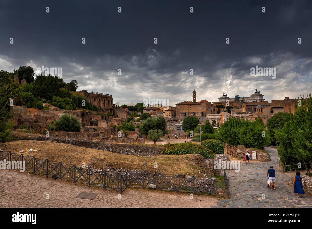 Storm clouds above ancient city of Rome in Italy as seen from the Roman ...