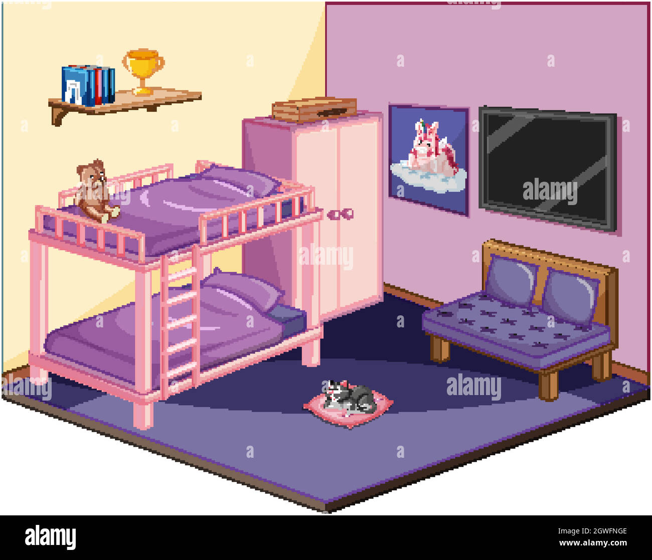 Bedroom in pink colour theme isometric Stock Vector