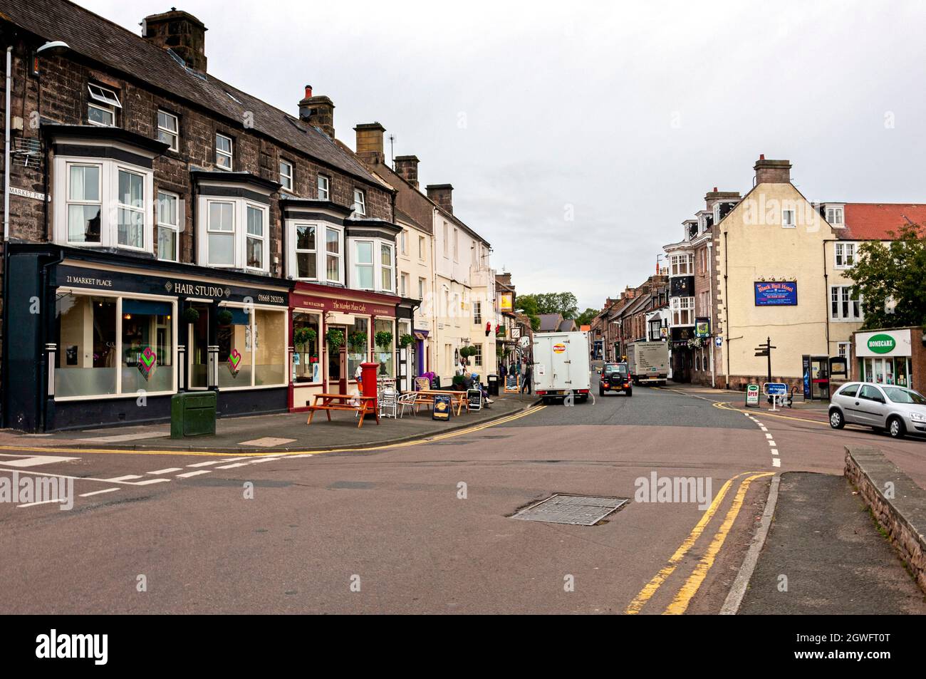 The main street through the small market town of Wooler with many shops