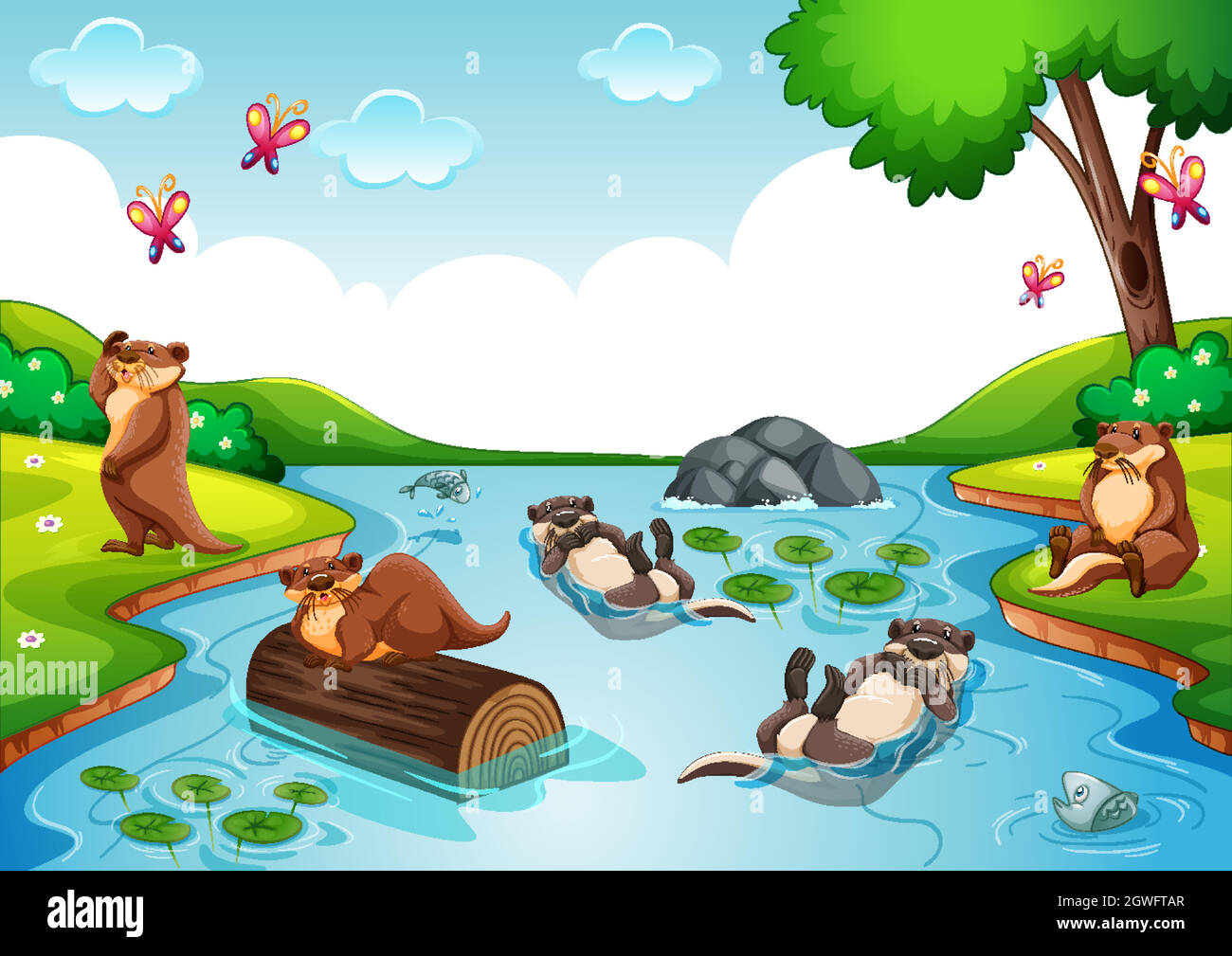 Otter group in the forest scene Stock Vector