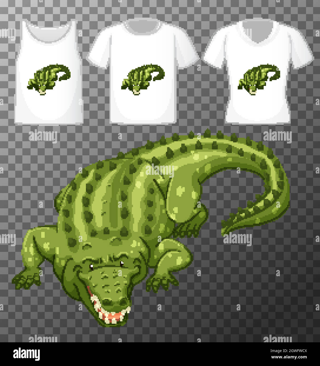 Green crocodile cartoon character with many types of shirts on transparent background Stock Vector
