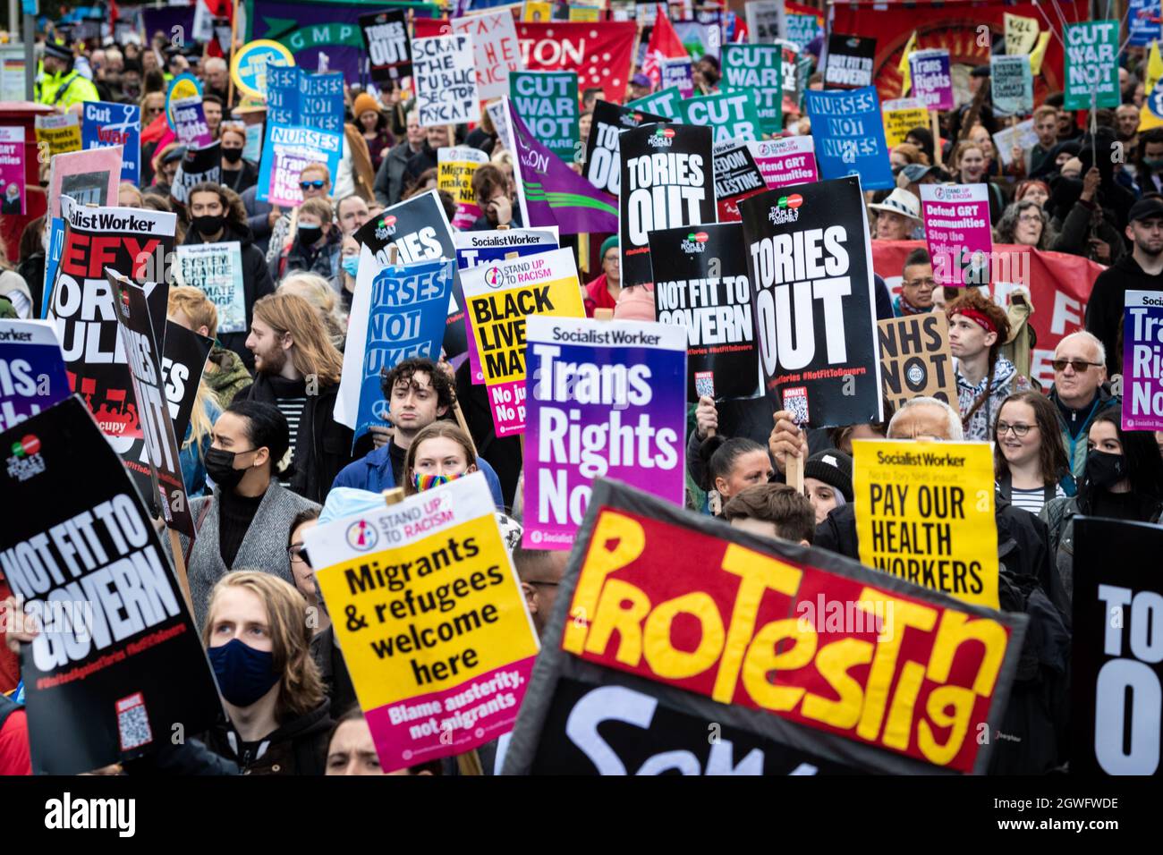 Thousands of demonstrators take to the streets to protest against the Tory Party. Social movements and unions unite and march past the Conservative Party Conference demanding fairer policies for the working class. Credit: Andy Barton/Alamy Live News Stock Photo