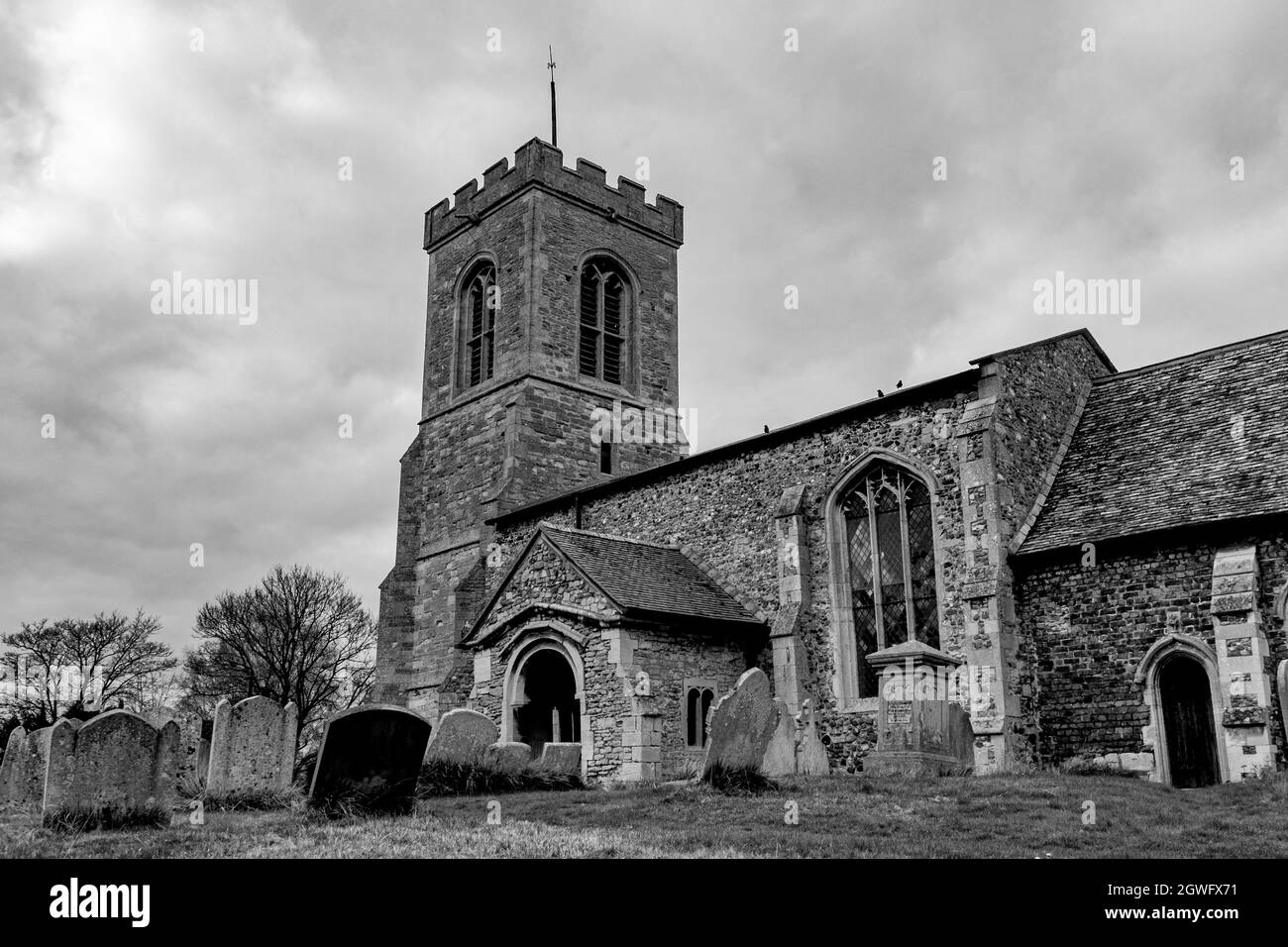 St Peter church in the village of Kings Ripton, Cambridgeshire - monochrome Stock Photo