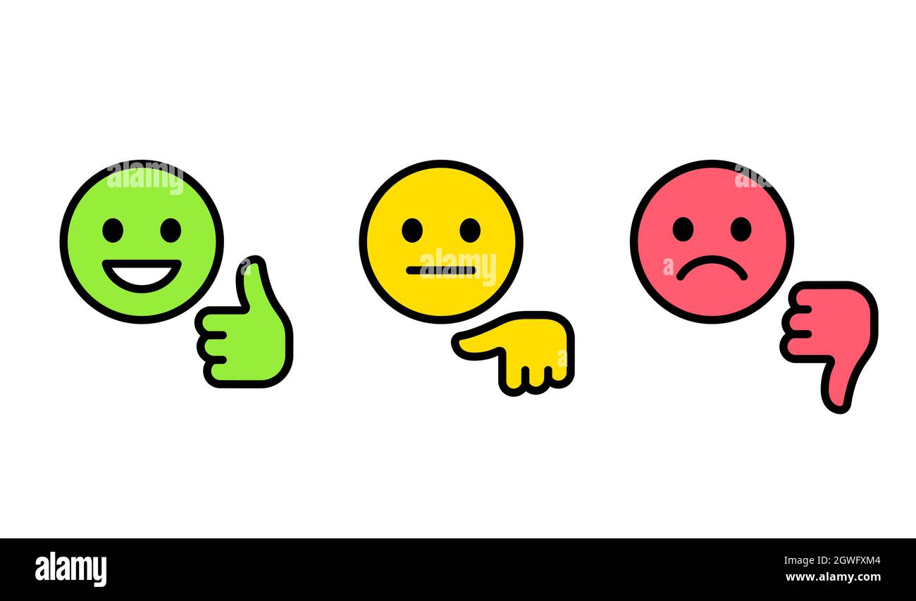 Customer feedback rating scale, smiley face with thumbs up and down. Good, bad and neutral evaluation. Vector emoticon icons. Stock Vector